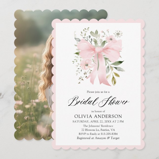 Rosa Bow Coquette Blütenblätter Brautparty Einladung (Vorne/Hinten)