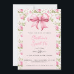 Rosa Bow Coquette Sweet 16 Einladung<br><div class="desc">Diese schöne Sweet 16 Geburtstagseinladung mit einem rosa Bogen. Rund um den Rand befindet sich eine Rose in rosa Hütte. Sie können mit allen Details für Ihre besondere Veranstaltung personalisieren. Die Rückseite hat eine Hütte Garten Rose Trellis Muster.</div>