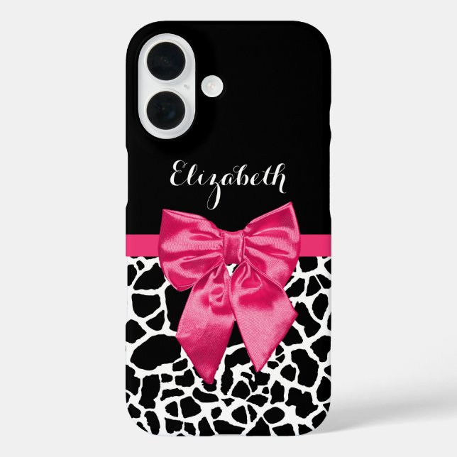 Rosa Bow Giraffe Tierdruck in Schwarz/Weiß iPhone 16 Hülle (Rückseite)