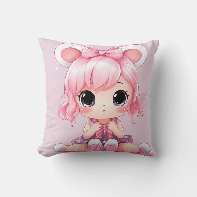 Rosa Bow, Lila Kleid, Big Eyes Cartoon Kissen (Vorderseite)
