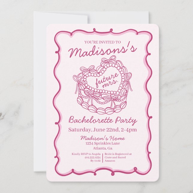 Rosa Bow Retro Herz Coquette Bacheloretto Einladung (Vorderseite)