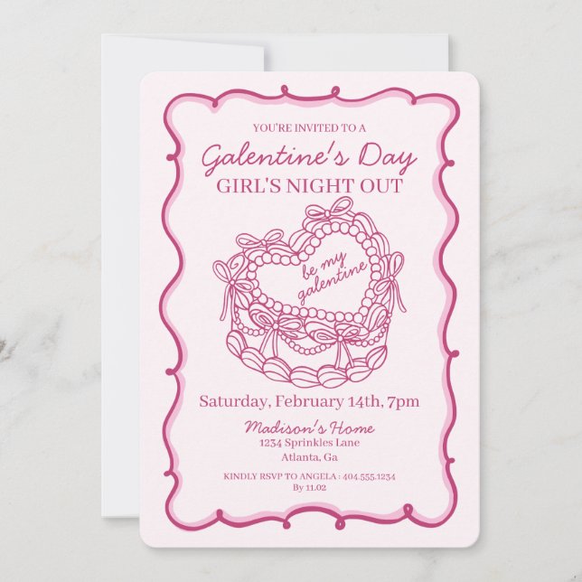 Rosa Bow Retro Herz Coquette Cake Galentine Einladung (Vorderseite)
