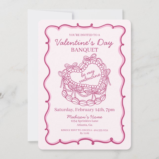 Rosa Bow Retro Herz Coquette Kuchen Valentine Einladung (Vorderseite)