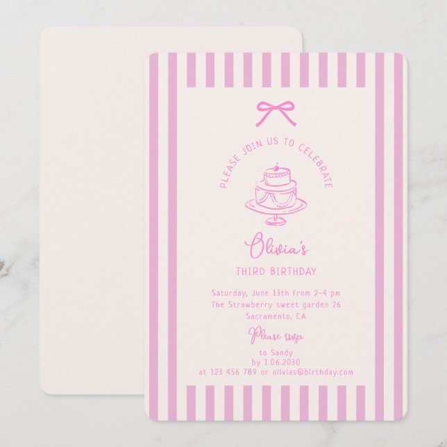 Rosa Bow, Streifen pink | Lila Geburtstag Einladung (Vorne/Hinten)