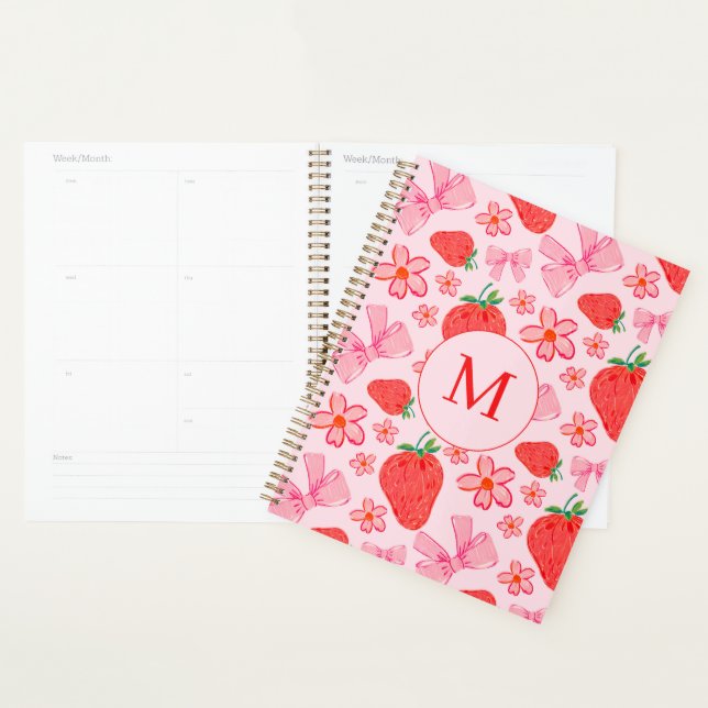 rosa Bow und Strawberry Coquette Muster Monogramm Planer (Anzeige)