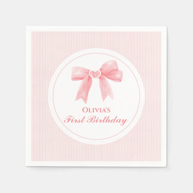 Rosa Bow und Streifen Coquette 1. Geburtstag Serviette (Vorderseite)