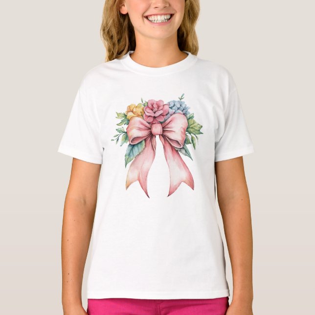 Rosa Bow Wasserfarbe Florals Blume Coquette Girls T-Shirt (Vorderseite)