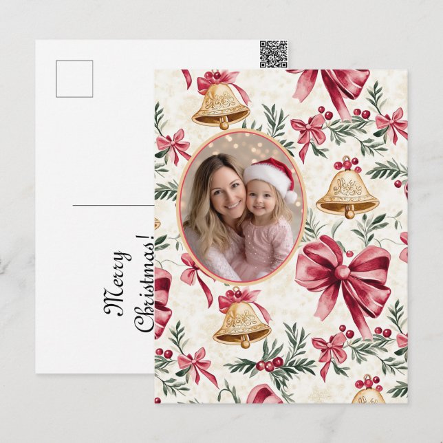 Rosa Bows Gold Bells Foto Postkarte (Vorne/Hinten)