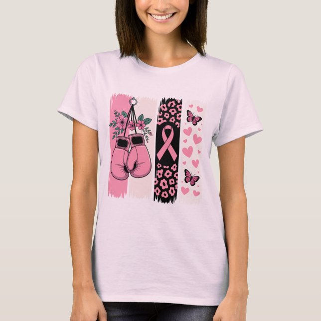 Rosa Boxhandschuhe und Leopard Print Breast Cancer T-Shirt (Vorderseite)