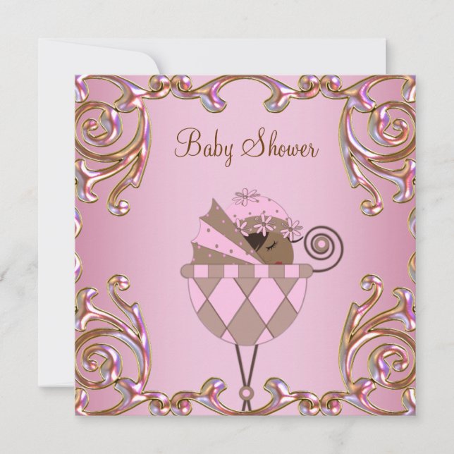 Rosa Braun Gold Spitzen Girl Dusche Einladungen (Vorderseite)