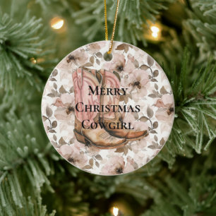 Rosa braune Cowgirl-Stiefel floral Weihnachten Keramik Ornament