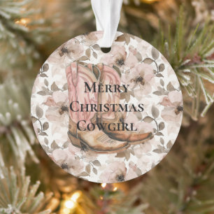 Rosa braune Cowgirl-Stiefel Floral Weihnachten Ornament