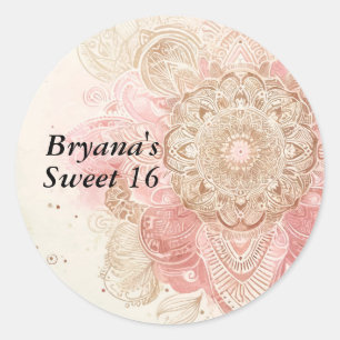 Rosa Braune Creme Mandala Boho Geburtstag Runder Aufkleber