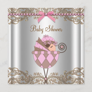 Rosa braune Perlen Spitze Mädchen Baby Shower Einladung