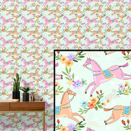 Rosa braune Pferde und Blume Tapete