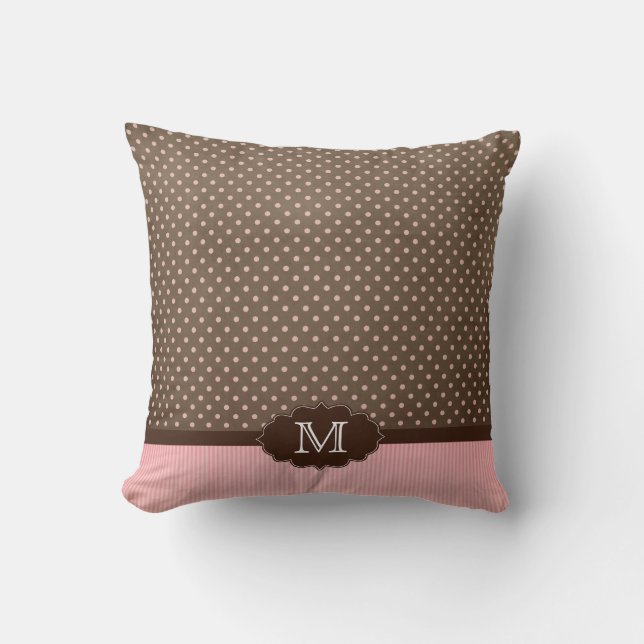 Rosa braune Punkte + stripes Monogrammkissen Kissen (Vorderseite)