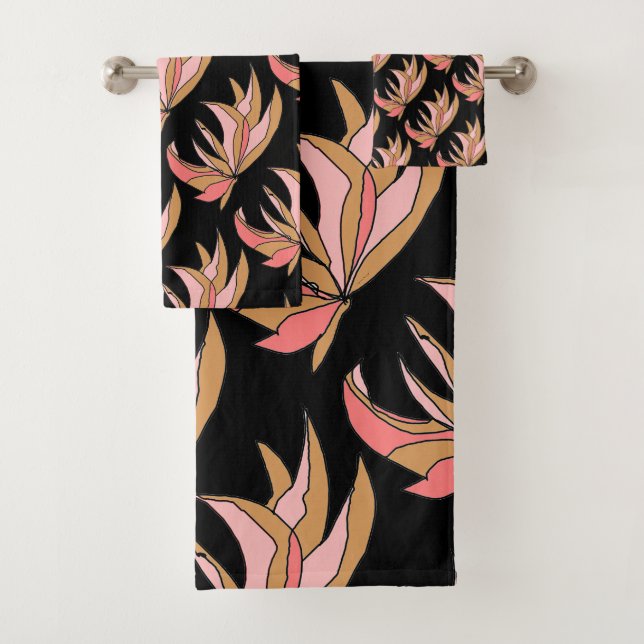 Rosa braune Root-Pflanze auf schwarz Badhandtuch Set (Insitu)