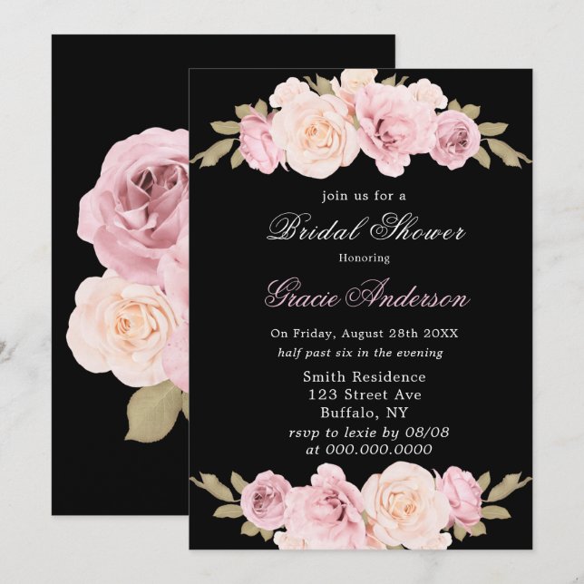 Rosa Brautdusche in Schwarz und Rosa Einladung (Vorne/Hinten)