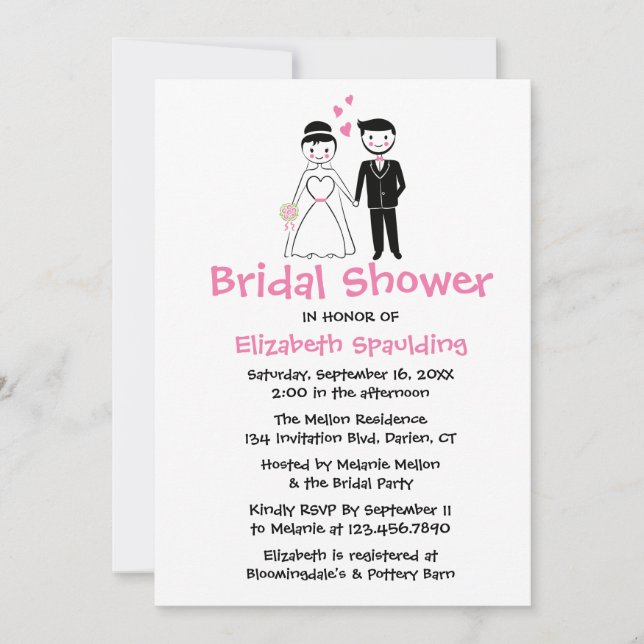 Rosa Brautparty Cartoon Braut & Groom Hochzeit Einladung (Vorderseite)