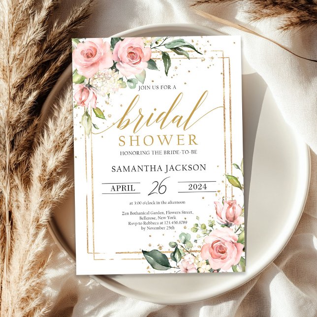 Rosa Brautparty Einladung (Boho blush pink floral gold frame bridal shower invitation)