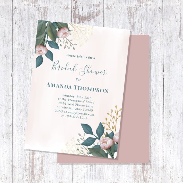 Rosa Brautparty Elegante Blumensprache Einladung (Bridal shower pink floral rose buds custom invitation.)