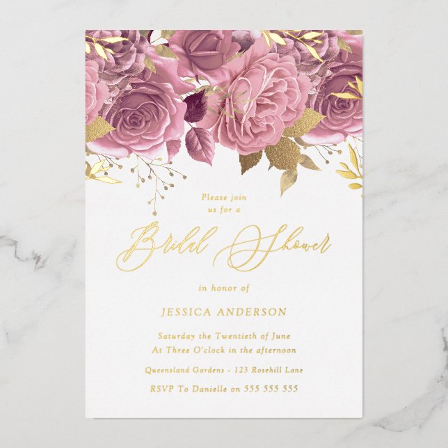 Rosa Brautparty Gold Folieneinladung (Vorderseite)