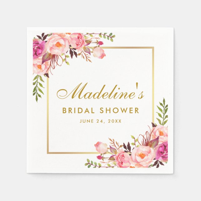 Rosa Brautparty in Rosa, goldfarbene Rahmen Serviette (Vorderseite)