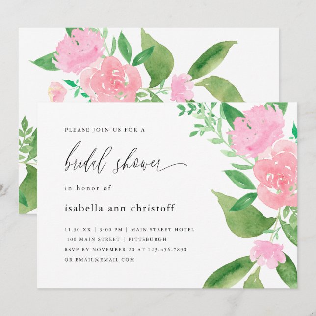 Rosa Brautparty mit Blumen und Kalligrafie Einladung (Vorne/Hinten)