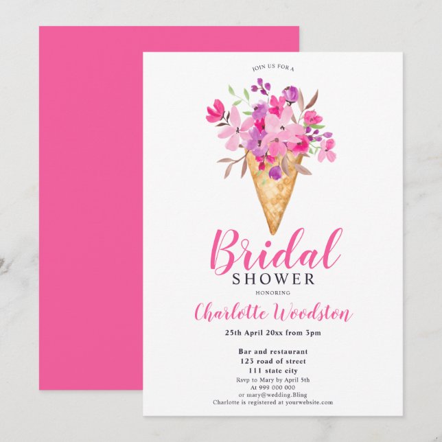 Rosa Brautparty mit Blumeneis Einladung (Vorne/Hinten)