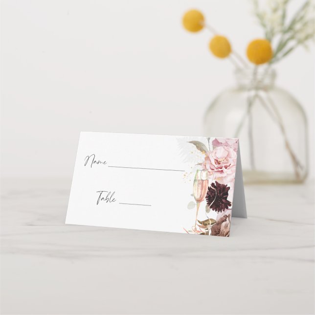 Rosa Brautparty mit floralen Champagner Platzkarte (Vorderseite)