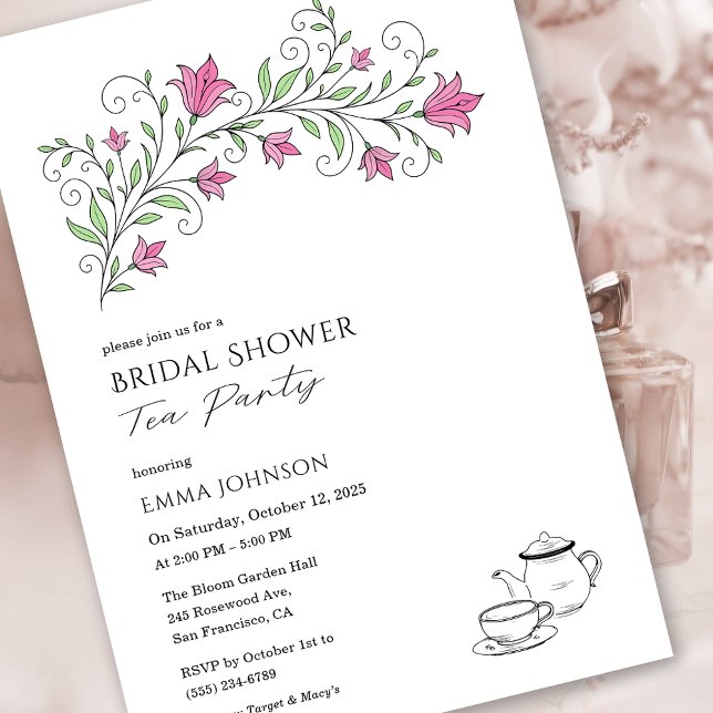 Rosa Brautparty Tee Party Einladung (Pink Floral Bridal Shower Tea Party Invitation)