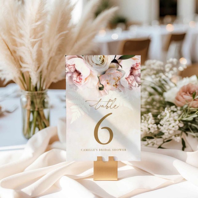 Rosa Brautparty Tischnummern (Blush Floral Elegant Bridal Shower Table Number Card)