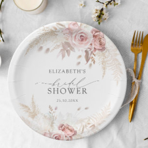 Rosa Brautschauer mit rosa Rosen und floralen Elem Pappteller