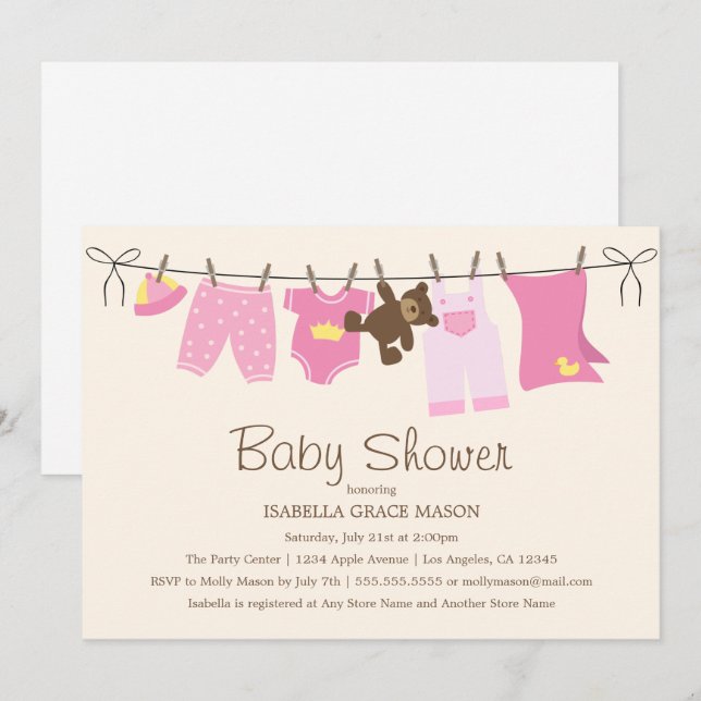 Rosa/Brown der Baby-Wäscherei-| Einladung (Vorne/Hinten)