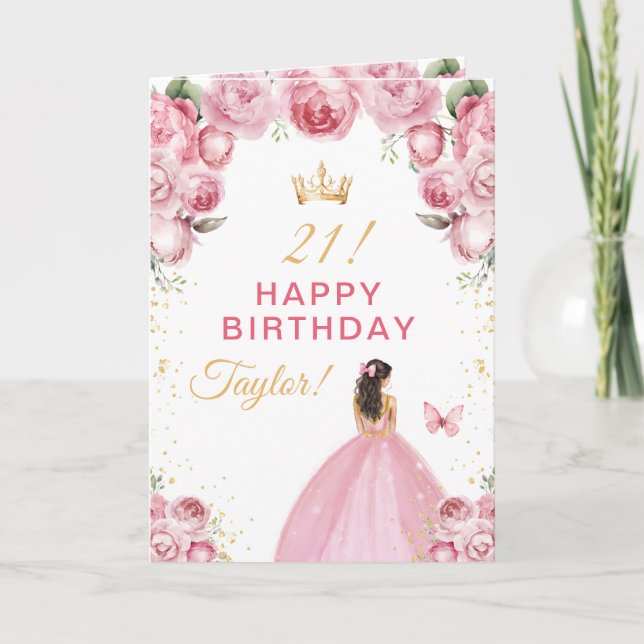 Rosa Brünettes Haar Girl Happy Geburtstag Karte (Vorderseite)