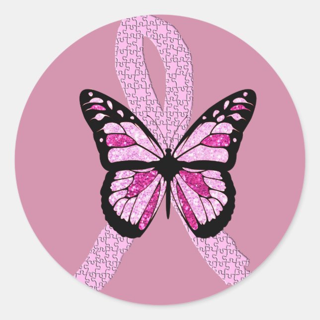 Rosa Brustkrebs-Bewusstsein Butterfly Runder Aufkleber (Vorderseite)