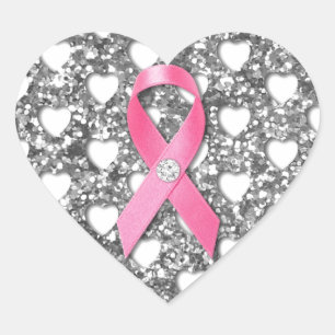 Rosa Brustkrebs-Ribbon Silver Glitzer Look Herz-Aufkleber