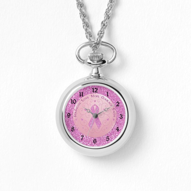 Rosa Brustkrebs Schleife Glitzer Armbanduhr (Vorderseite)