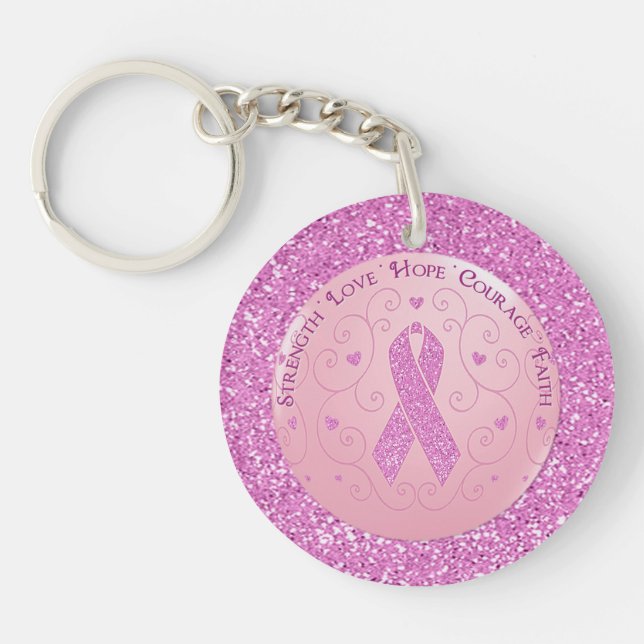 Rosa Brustkrebs Schleife Glitzer Schlüsselkette Schlüsselanhänger (Vorderseite)