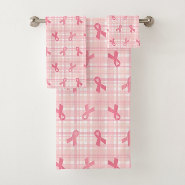 Rosa Brustkrebs Schleife Kariertes Muster Badhandtuch Set (Insitu)