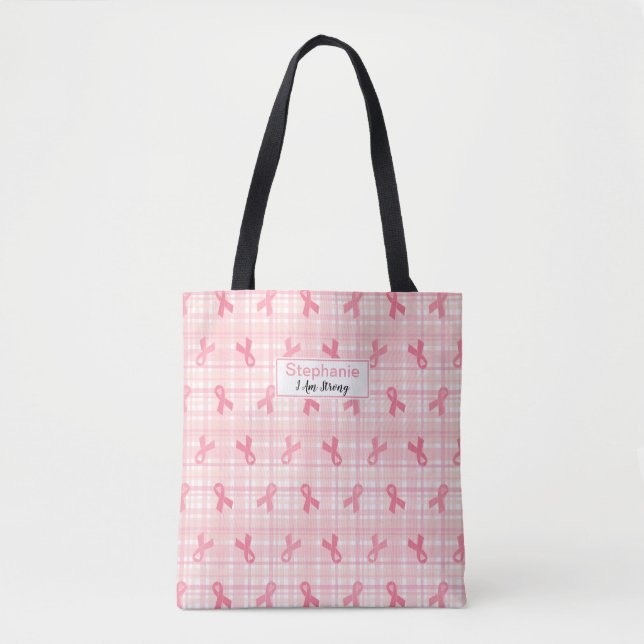 Rosa Brustkrebs Schleife Kariertes Muster Tasche (Vorderseite)