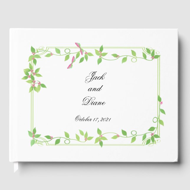 Rosa Buds auf grüner Hochzeit Gästebuch (Vorderseite)