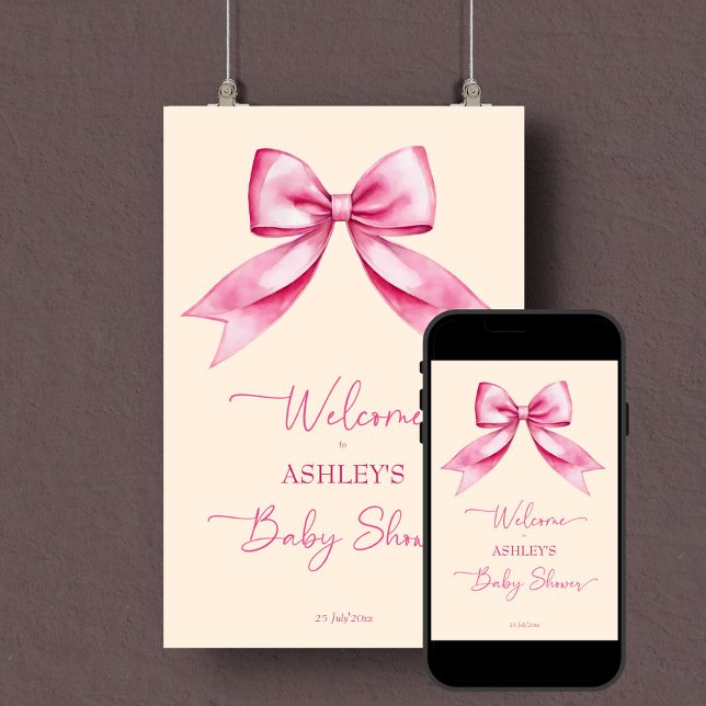 Rosa Bugband Baby Dusche Elegantes Willkommenszeic Poster (Pink bow ribbon baby shower elegant welcome sign poster editable template instant digital download)