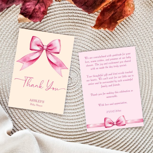 Rosa Bugband Babydusche niedlich elegant Dankeskarte (Pink bow ribbon baby shower cute elegant thank you card pastel cream pink bow girly thank you cards)