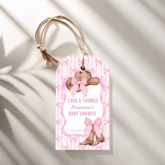 Rosa Bugcowgirl Western Babydusche bevorzugt Geschenkanhänger (Pink bow cowgirl western baby shower favors personalized favor gift tags)