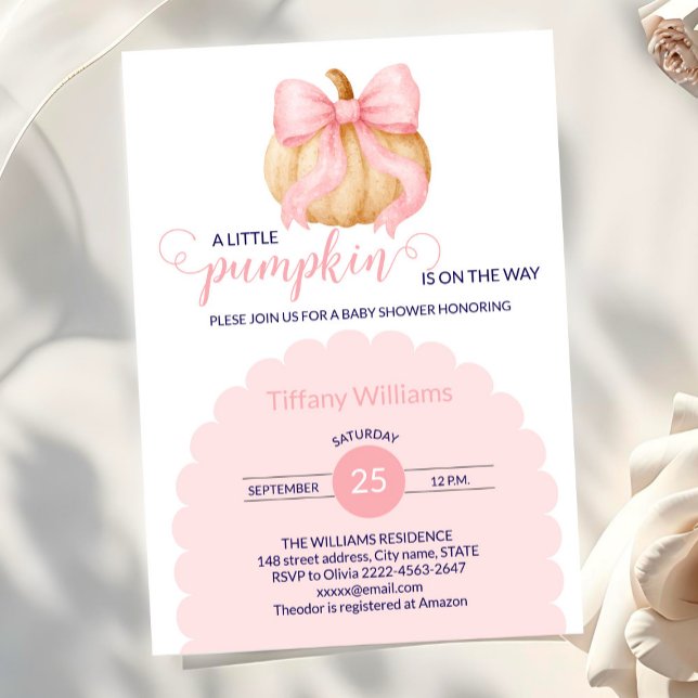 Rosa Bugkürbis Babydusche minimalistisch Einladung (Fall Pumpkin Baby Shower Invitation with Pink Bows)