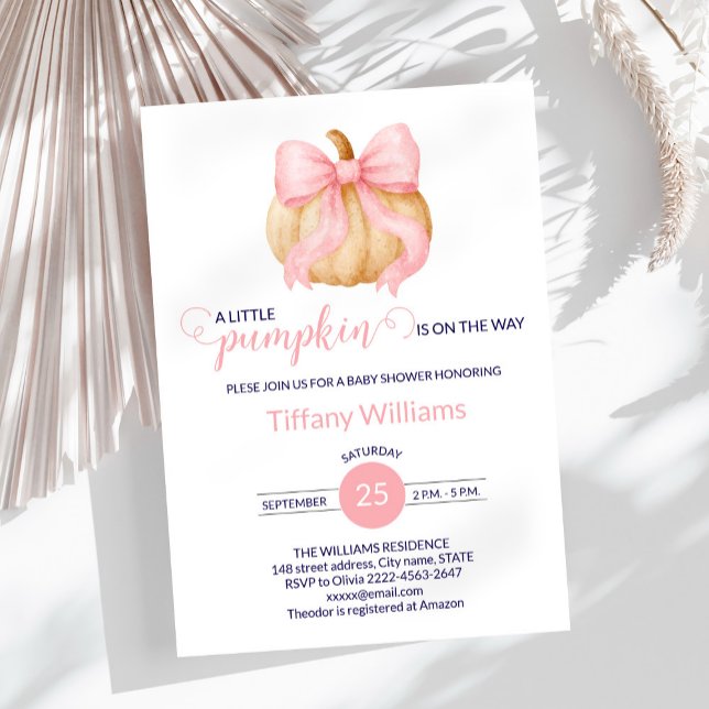 Rosa Bugkürbis Babydusche minimalistisch Einladung (Fall Pumpkin Baby Shower Invitation with Pink Bows)