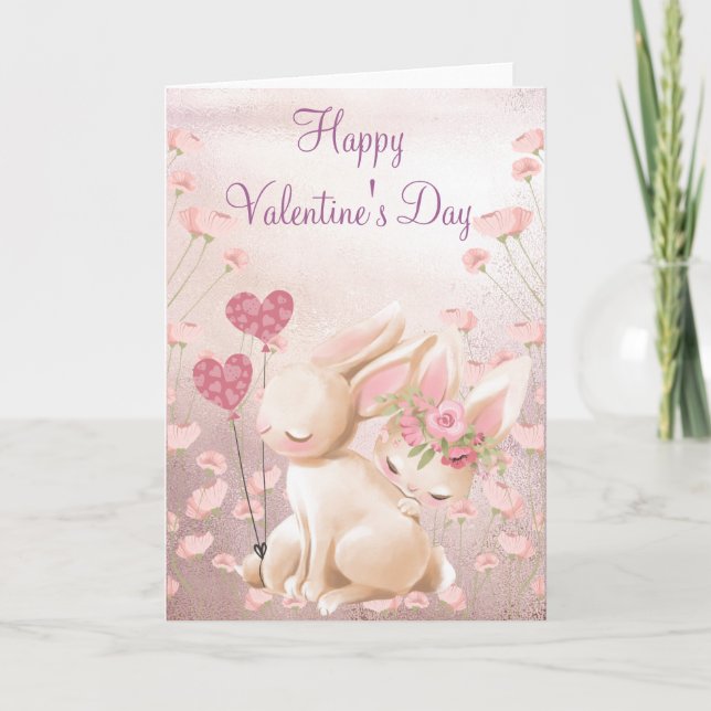 Rosa Bunnies Liebe Valentinstag Karte (Vorderseite)