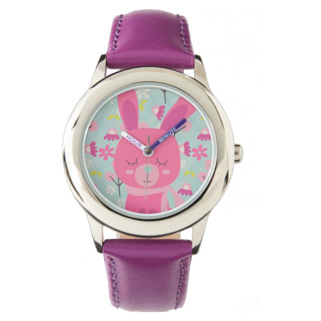 Rosa Bunnies und Blume Armbanduhr (Vorderseite)