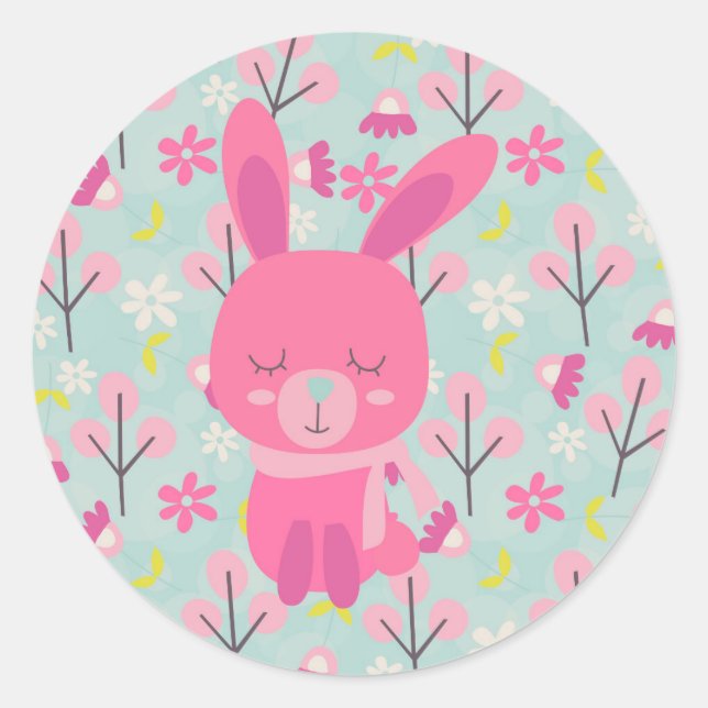 Rosa Bunnies und Blume Runder Aufkleber (Vorderseite)